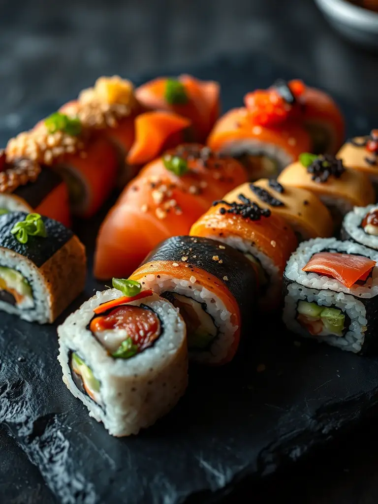 Close-up studio shot of assorted colorful and fresh sushi rolls with various toppings, arranged artfully on a black slate plate, showcasing the vibrant ingredients and textures, suitable for Yoko Sushi's menu.
