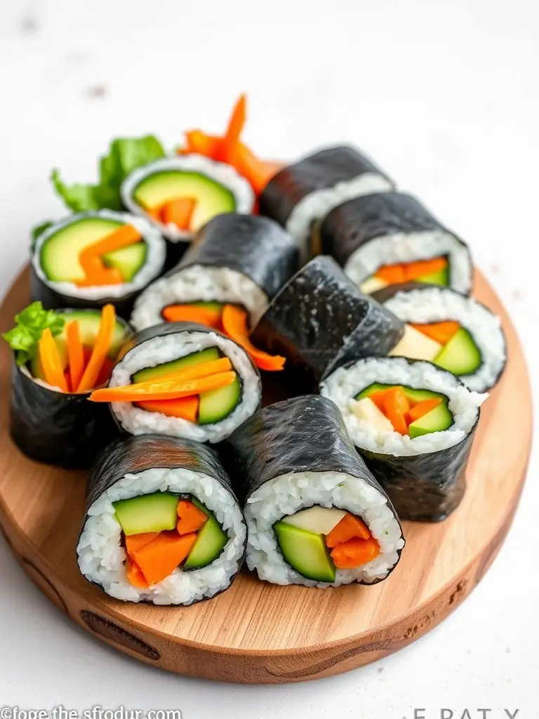 Overhead shot of a variety of vegan sushi rolls, featuring colorful vegetables like avocado, cucumber, carrot, and bell pepper, wrapped in nori seaweed and sushi rice, displayed on a wooden serving board, ideal for Yoko Sushi's vegan menu.