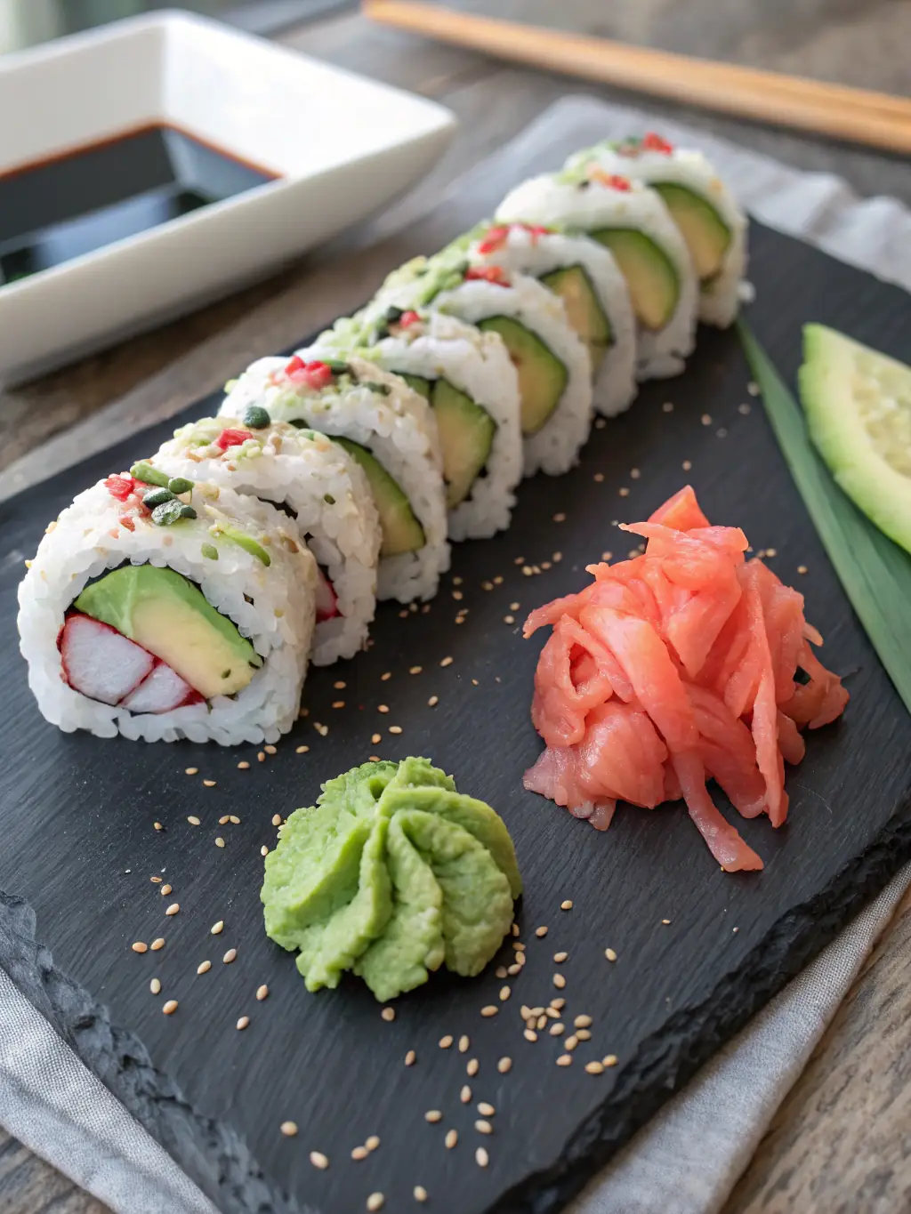 Close-up studio shot of a perfectly crafted Philadelphia roll with smoked salmon, cream cheese, and avocado, showcasing the creamy texture and vibrant colors.