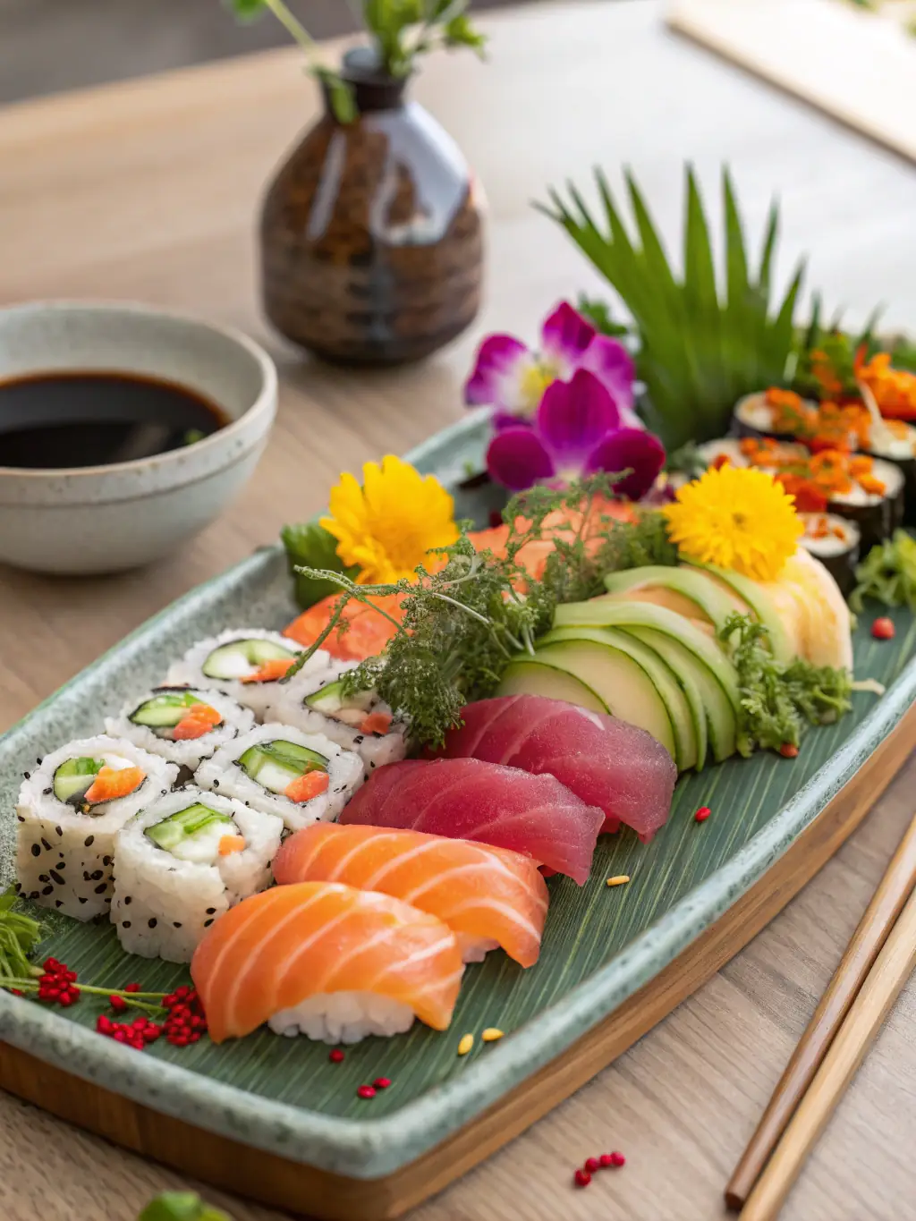 High-angle shot of a selection of fresh sashimi pieces (salmon, tuna, and yellowtail) arranged on a bed of shaved ice with seaweed and lemon slices, presented in a minimalist Japanese style, perfect for Yoko Sushi's menu.