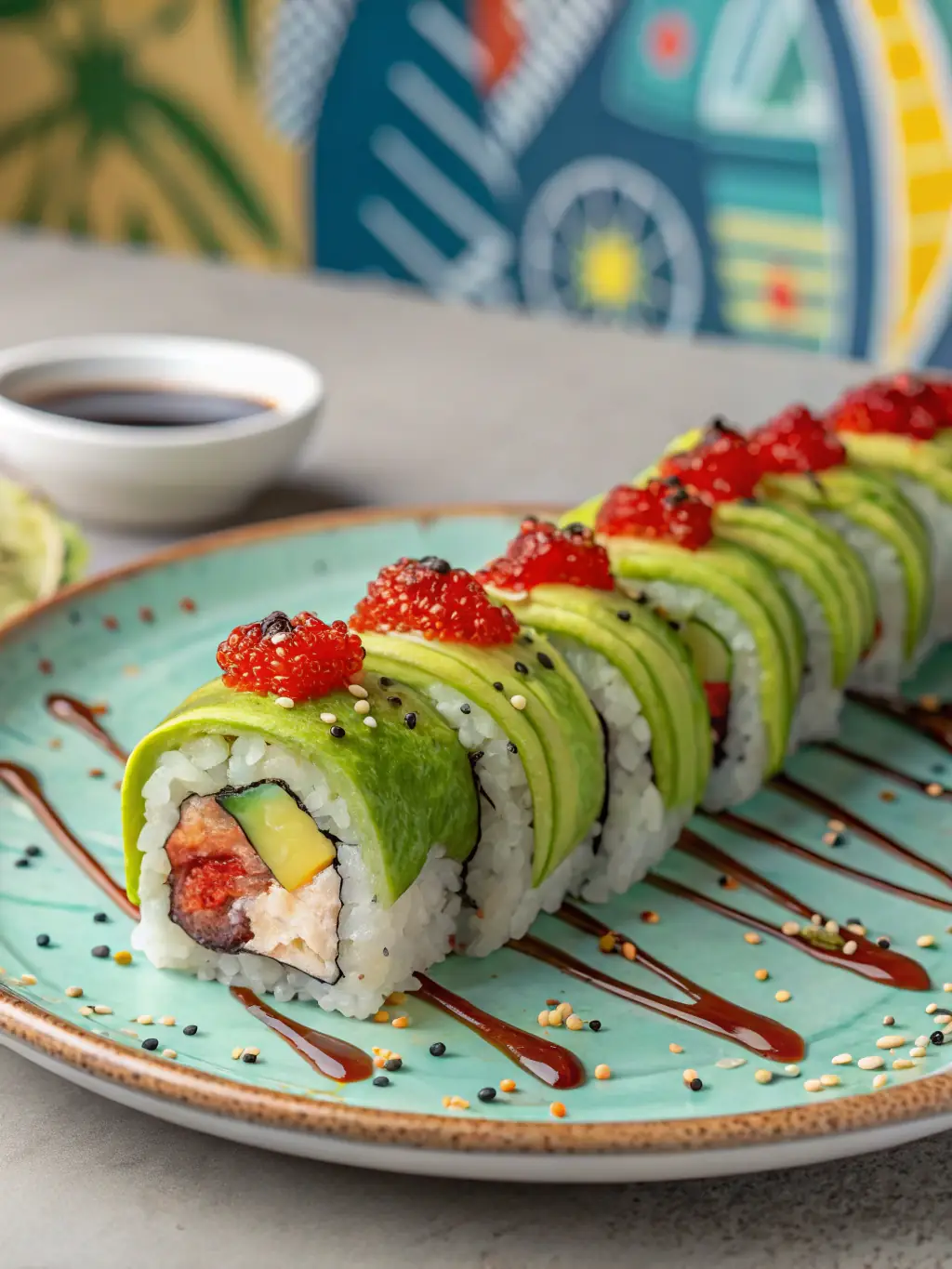 A vibrant image of a Dragon Roll, featuring shrimp tempura, cucumber, and avocado, topped with eel sauce and sesame seeds, presented on a black slate plate.
