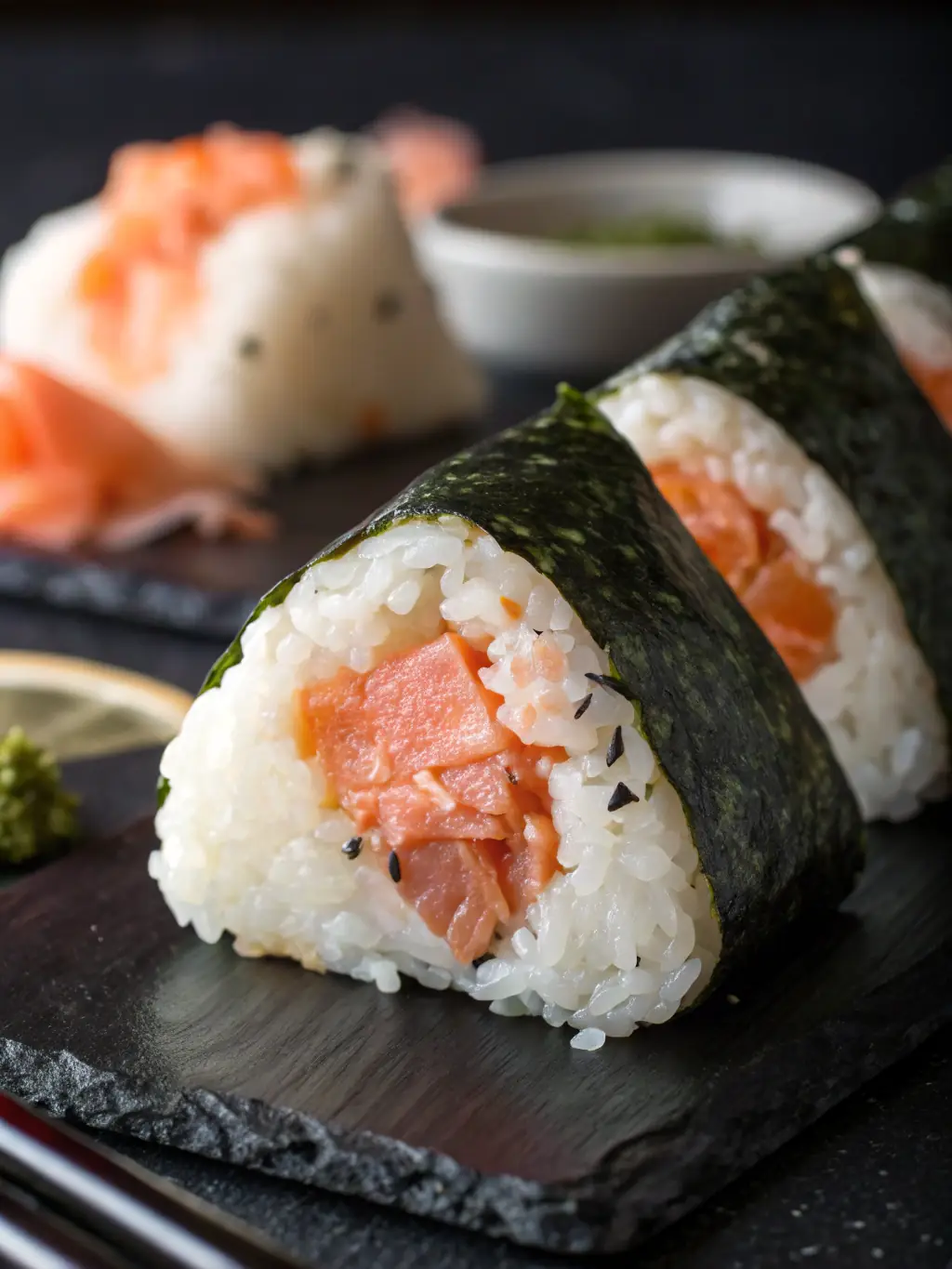 A close-up shot of a Salmon Nigiri, showcasing the glossy texture of the fresh salmon draped over a bed of perfectly seasoned sushi rice.