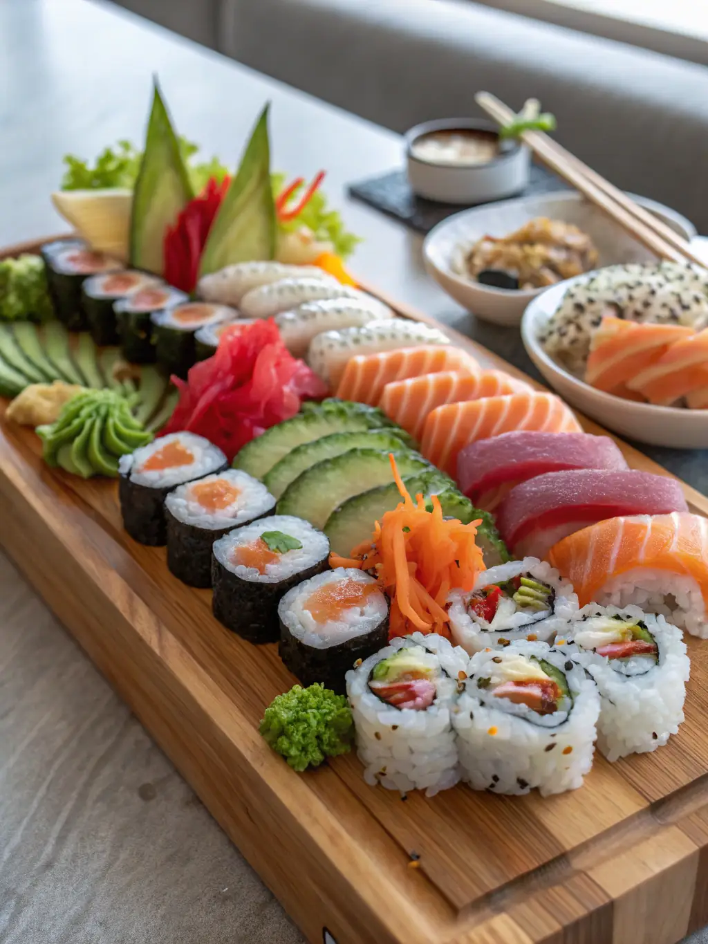 A colorful assortment of vegan sushi rolls, including avocado, cucumber, and carrot, artfully arranged on a wooden platter with a side of soy sauce.